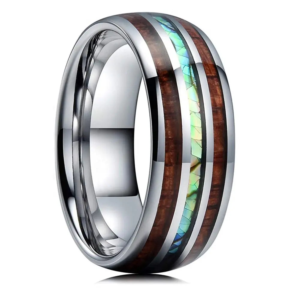 The Ali‘i | Koa Wood Tungsten Ring with Shell Inlay, Dome Fit, 8mm