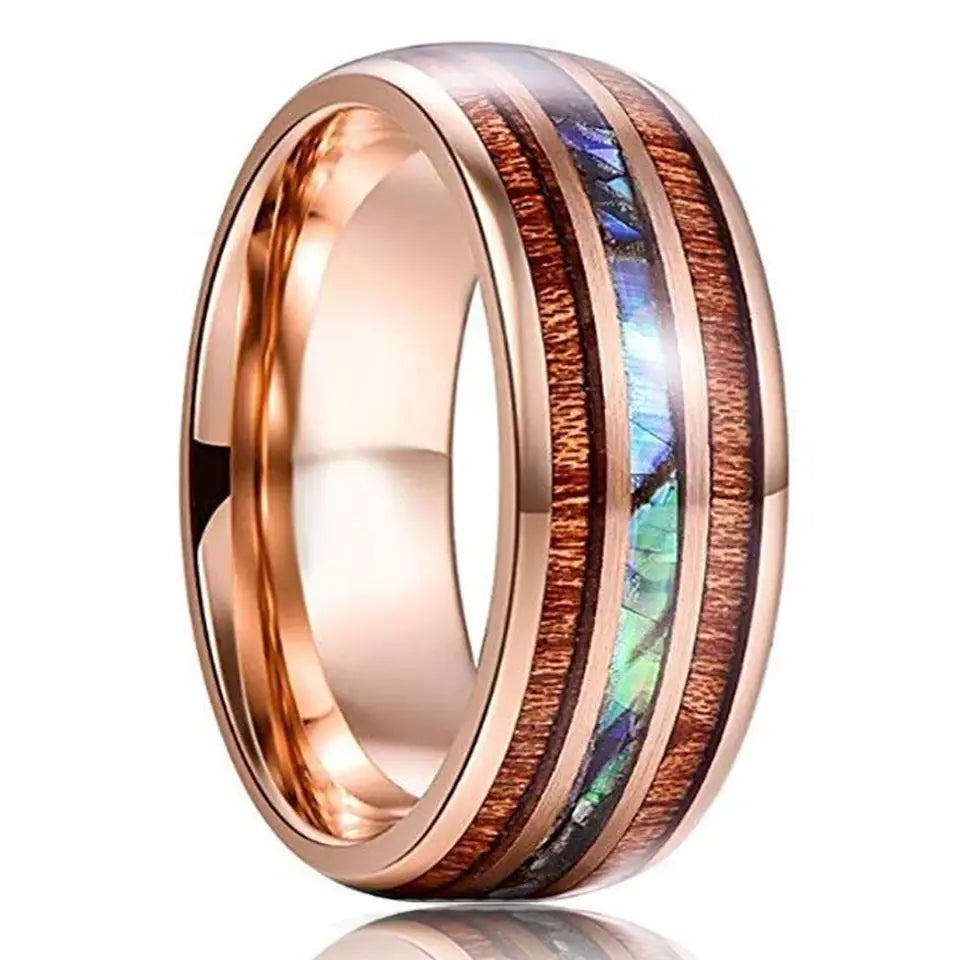 The Mariner | Koa Wood Tungsten Ring with Shell Inlay, Dome Fit, 8mm