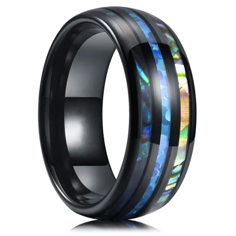 The Castaway | Koa Wood Tungsten Ring with Shell Inlay, Dome Fit, 8mm