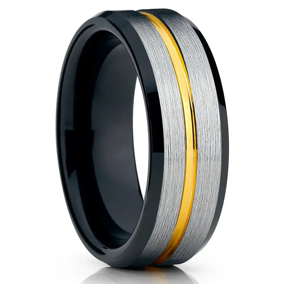 The Mako | Black Tungsten Ring with Gold Inlay, 8mm, Dome Fit