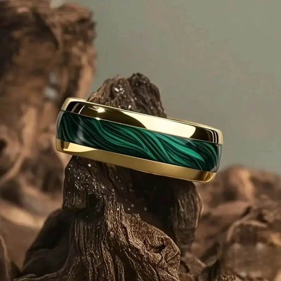 The Neptune | Gold Tungsten Ring with Green Inlay, 8mm, Dome Fit