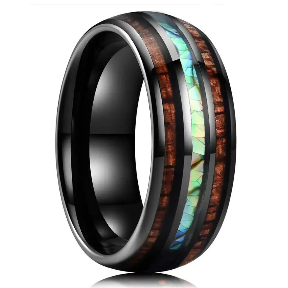 The Kraken | Koa Wood Tungsten Ring with Shell Inlay, Dome Fit, 8mm