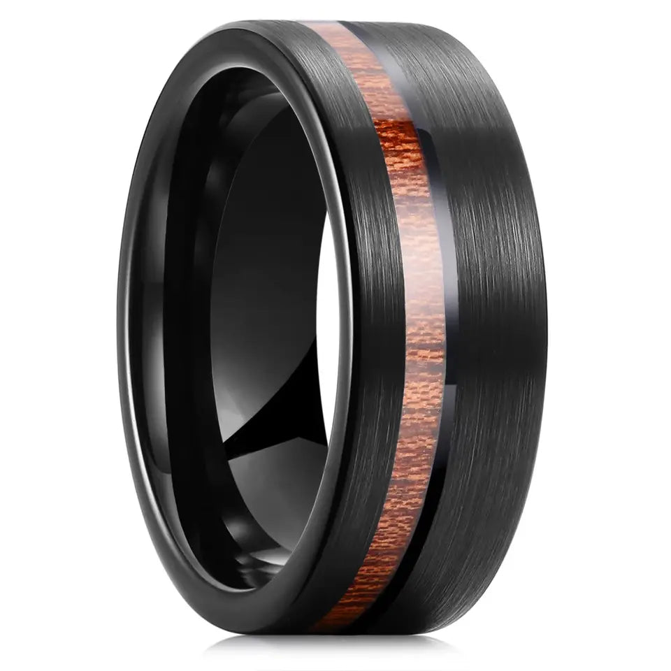 The Tiki | Black Tungsten Ring with Koa Wood Inlay, 8mm, Dome Fit